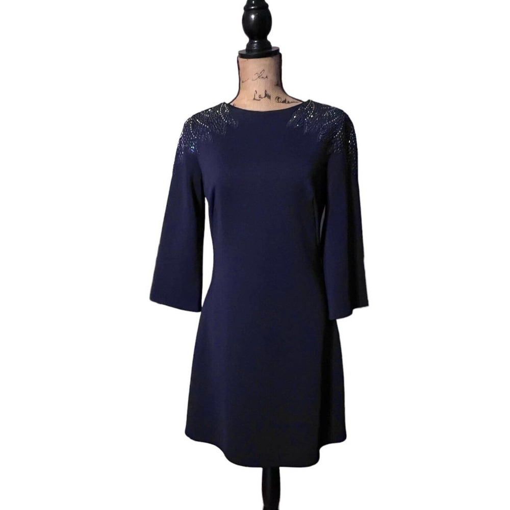 TADASCHI SHOJI DRESS EMBELLISHED LONG SLEEVES NAVY BLUE EXTRA SMALL XS